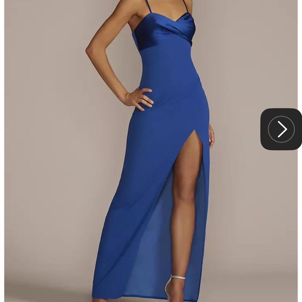 Sapphire blue long event dress with leg slit brand new with tags